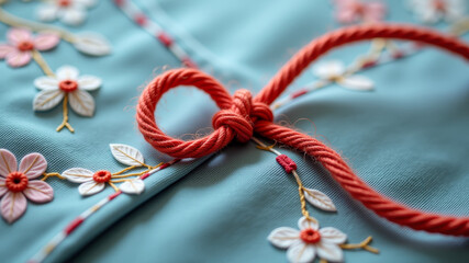 Decorative red thread and buttons arranged on blue textile background