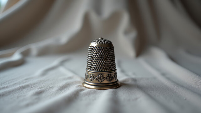 Metal thimble placed on fabric in soft lighting for sewing protection - Powered by Adobe