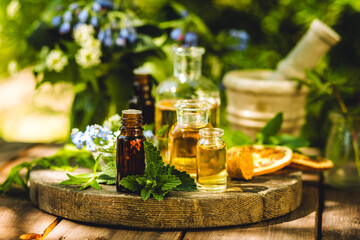 Aromatherapy, beauty, health care. Ayurveda, naturopathy. Pure fresh organic ingredients for cosmetics, perfumery production. Essential oil, mint, calendula, camomile, plant-based herbal extracts