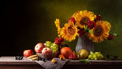 Still Life With Sunflowers In Vase Other Flowers And Fruits