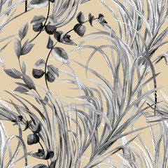 Seamless watercolor black and white pattern with graceful leaves and stems for textile