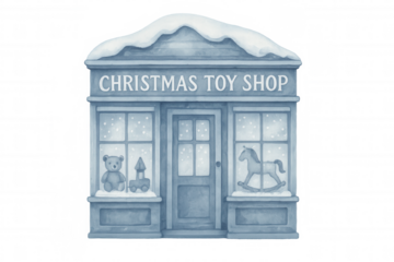 Christmas toy shop watercolor illustration with snow on roof and storefront, featuring teddy bear and rocking horse, transparent background