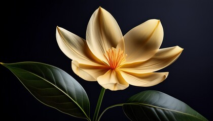 Pale Yellow Flower With Long Thin Petals And Two Leaves On A Dark Background