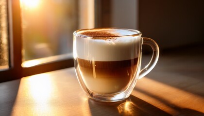 Close Up Of A Creamy Latte Macchiato Layered With Espresso Milk And Foam In A Transparent Glass Mug Placed By The Window It Glows In Warm Morning Light Cozy Vibe Inviting And Naturally Lit
