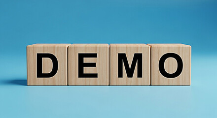 Wooden blocks spelling demo against a blue background perfect for presentations and demonstrations