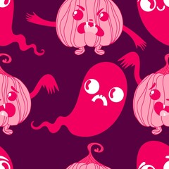 Autumn harvest vegetable seamless monster Halloween pumpkins pattern for wrapping paper and fabrics