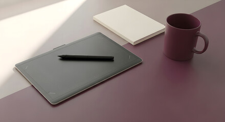 Graphic tablet with stylus, notebook, and coffee mug on a modern two-tone desk.