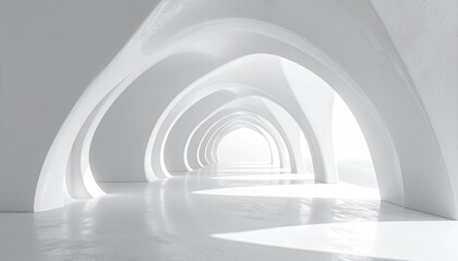 Bright White Tunnel Archway Corridor With Repeating Arches and Reflective Floor, Futuristic Interior

