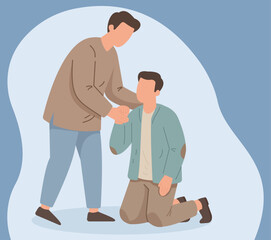 A man helps another kneeling man to his feet. A flat vector illustration depicting compassion, empathy, support, and kindness between two people
