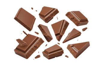 Fototapeta premium Rich dark brown milk chocolate pieces, irregular chunks and delicate shards, suspended and floating against a transparent studio background with copy space, elegant indulgence concept