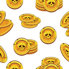 seamless pattern of gold slot coins with Halloween skulls with sad facial expressions lying in different stacks of different sizes arranged randomly, coins for game, icons or other gaming sites