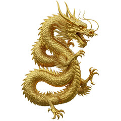 Fototapeta premium Intricate golden chinese dragon sculpture isolated on transparent background