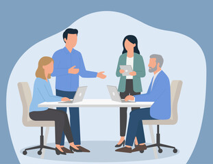 A business team collaborates in a modern office meeting, discussing strategy and working on laptops. A leader presents ideas to the group