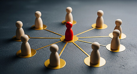 Obraz premium Red figure leading a network of wooden figures representing teamwork and organizational structure