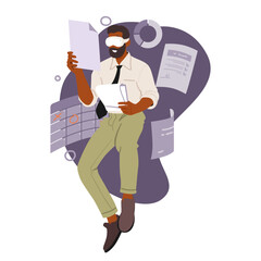 Businessman wearing VR goggles headset working with finance data in cyberspace cartoon scene