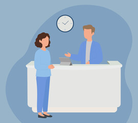 A patient or client talks to a receptionist at a counter. The flat vector illustration shows customer service, appointment scheduling, or check-in