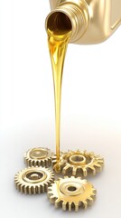 Golden liquid lubricant descends from a golden container onto shiny precision gears. This motor fluid provides smooth engine operation and optimal mechanical protection on a pure white surface.