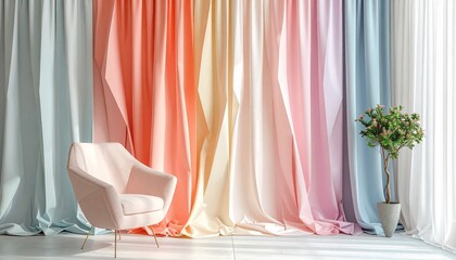 Curtains with origami-inspired pleats and pastel gradients, geometric design in a minimal modern setting.