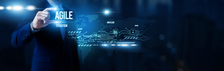 Businessman hold word Agile, project collaboration tools, iterative development processes, sprint management platforms, adaptive business solutions and global network.