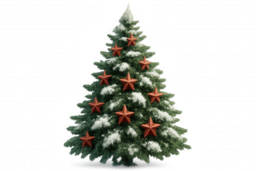 Christmas tree with snow and red star ornaments, evergreen festive holiday decoration, isolated transparent background