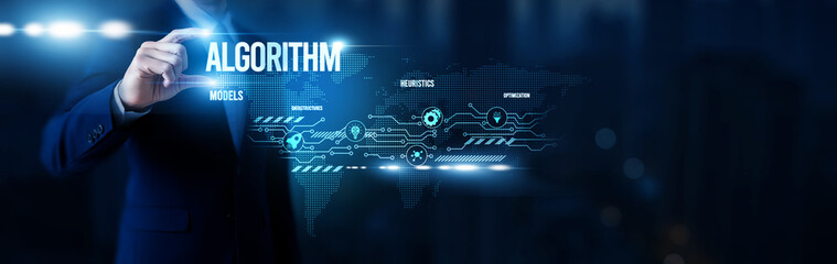 Businessman hold word Algorithm Development, computational models, predictive data analysis, optimization frameworks, machine learning solutions and global network.