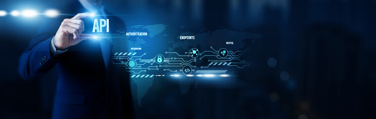 Businessman hold word API, application programming interface, system integration tools, software connectivity platforms, data exchange solutions and global network. © Theyone