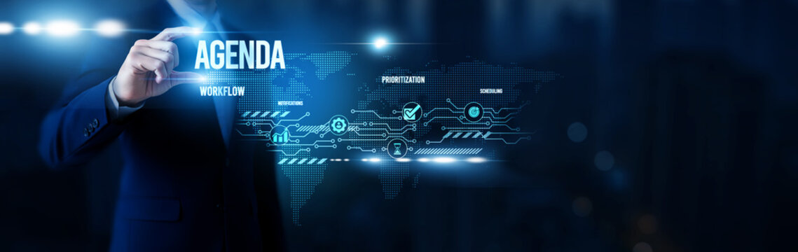 Businessman hold word Agenda, strategic planning tools, corporate goal alignment, business scheduling systems, performance tracking frameworks and global network.