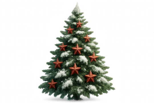 Christmas tree with snow and red star ornaments, evergreen festive holiday decoration, isolated transparent background