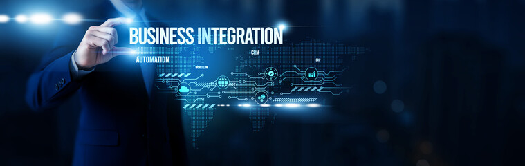 Businessman hold word Business Integration, enterprise resource planning, workflow optimization systems, digital process automation, seamless organizational synergy and global network.