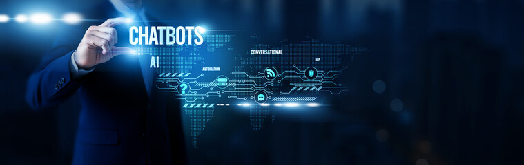 Businessman hold word Chatbots, conversational AI platforms, virtual customer assistants, natural language automation, intelligent digital interaction systems and global network.