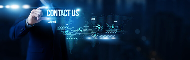 Businessman hold word Contact Us, customer communication portals, business inquiry systems, client...