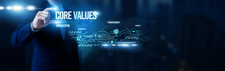 Businessman hold word Core Values, corporate ethics framework, organizational culture systems, sustainable business practices, integrity-driven leadership and global network.