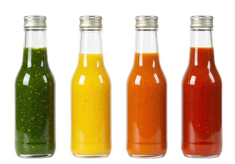 Four transparent glass bottles with silver caps, holding vibrant green, yellow, orange, red gourmet sauces with natural texture, neatly on white studio background. Gourmet product advertising