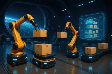 A Futuristic Warehouse Scene Featuring Advanced Robotic Arms and Automated Delivery Systems in a Space Environment with High-Tech Interfaces