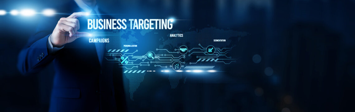 Businessman hold word Business Targeting, market segmentation tools, predictive sales analytics, customer acquisition strategies, precision marketing platforms and global network.