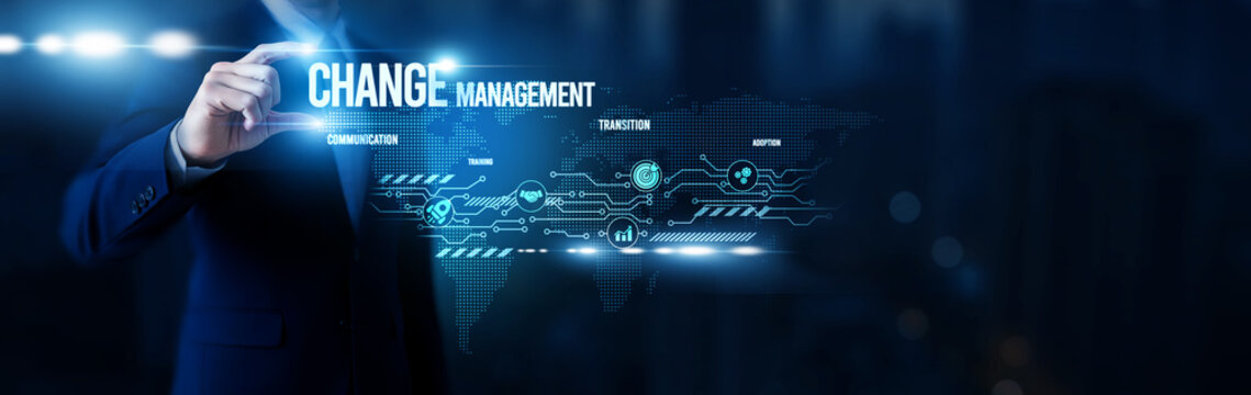 Businessman hold word Change Management, organizational transformation, corporate adaptation strategies, employee transition systems, business resilience frameworks and global network.