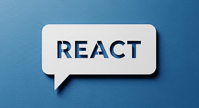 React word in a speech bubble cutout against a blue wall representing communication and modern technology