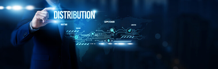 Businessman hold word Distribution, global logistics systems, supply chain optimization, automated delivery platforms, enterprise channel management and global network.