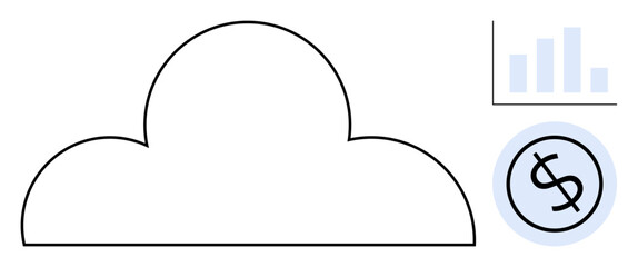 Cloud outline with a bar chart representing analytics and a dollar sign showing financial themes. Ideal for business, finance, technology, data analysis, virtual storage, investment, simple flat