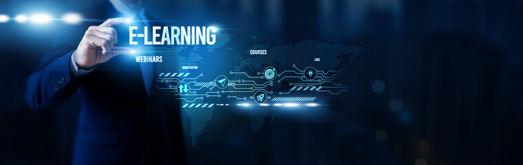 Businessman hold word E-Learning, digital education platforms, virtual classrooms, online training systems, corporate learning solutions and global network.