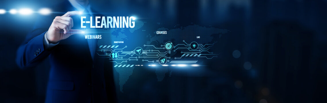 Businessman hold word E-Learning, digital education platforms, virtual classrooms, online training systems, corporate learning solutions and global network.