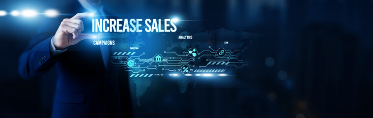 businessman hold word increase sales, performance analytics platforms, lead generation strategies, conversion optimization systems, revenue growth tools and global network.