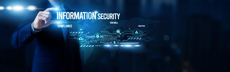 Businessman hold word Information Security, data protection systems, cybersecurity frameworks, compliance management tools, enterprise threat prevention and global network.