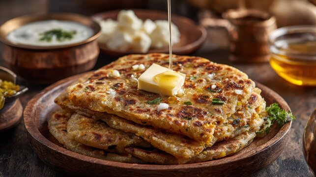 Golden Paratha with a Drizzle: Captivating the essence of culinary artistry, a stack of golden parathas is drizzled with glistening oil, inviting a celebration of flavor and aroma.