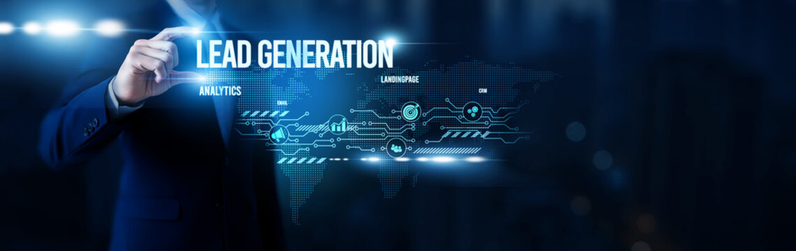 Businessman hold word Lead Generation, digital marketing funnels, conversion optimization strategies, customer acquisition platforms, sales pipeline growth and global network.