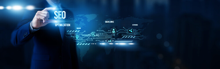 Businessman hold word SEO, search engine optimization, website ranking strategies, digital visibility tools, content marketing performance platforms and global network.