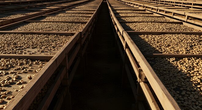 Perspective view of nuts drying in parallel rows on industrial racks, agricultural processing, sun-drying.