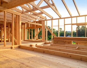 Interior of a wooden frame house under construction