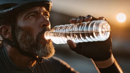 Close-up of athletic middle-aged man with gray beard drinking water from plastic bottle after cycling workout at sunset — motivational fitness video for sports, hydration, and wellness campaigns - Powered by Adobe
