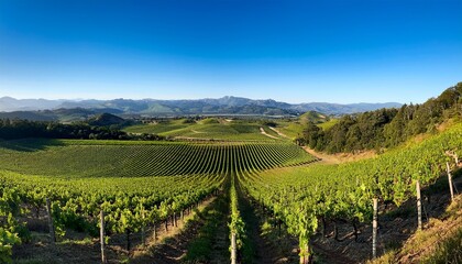 Fototapeta premium Vibrant Lush Vineyard With Evenly Spaced Rows Of Grapevines Stretching Towards Distant Rolling Hills And Mountains Under Clear Blue Sky Du Daytime